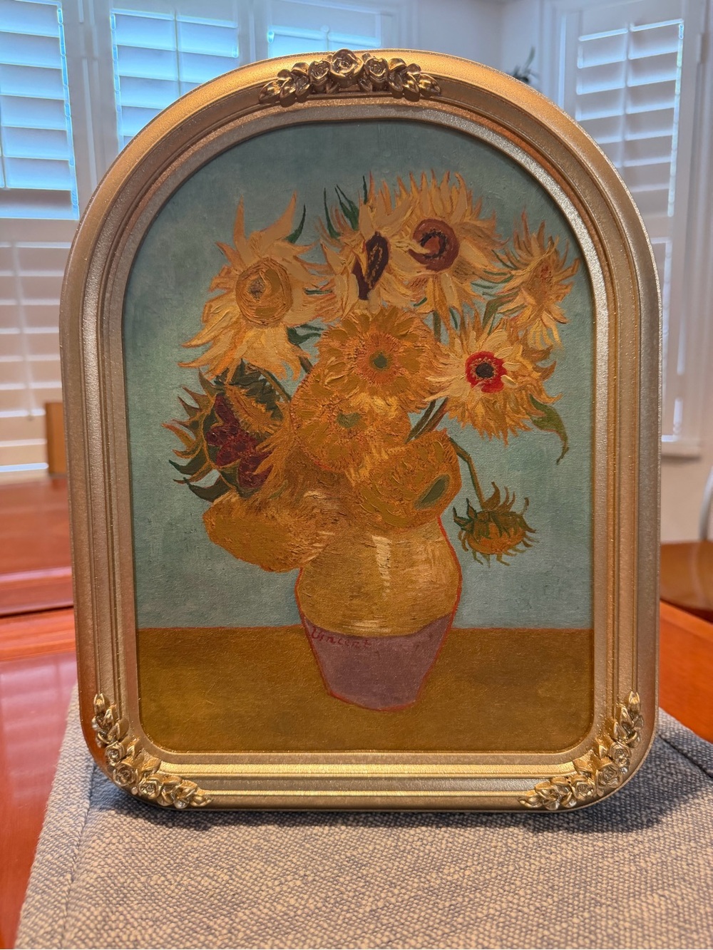 11x14 Sunflower by Vincent Van Gogh arched ornate with roses gold glitter frame